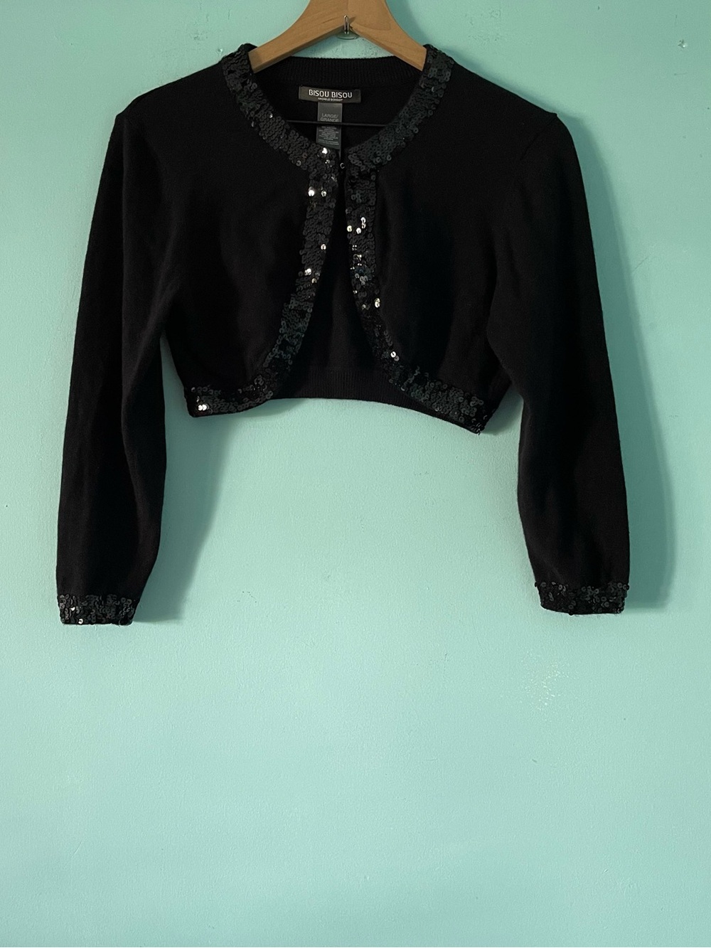 Bisou Bisou Sequin Trim Black Crop Sweater Shrug Cardigan L Rabbit Hair Vintage